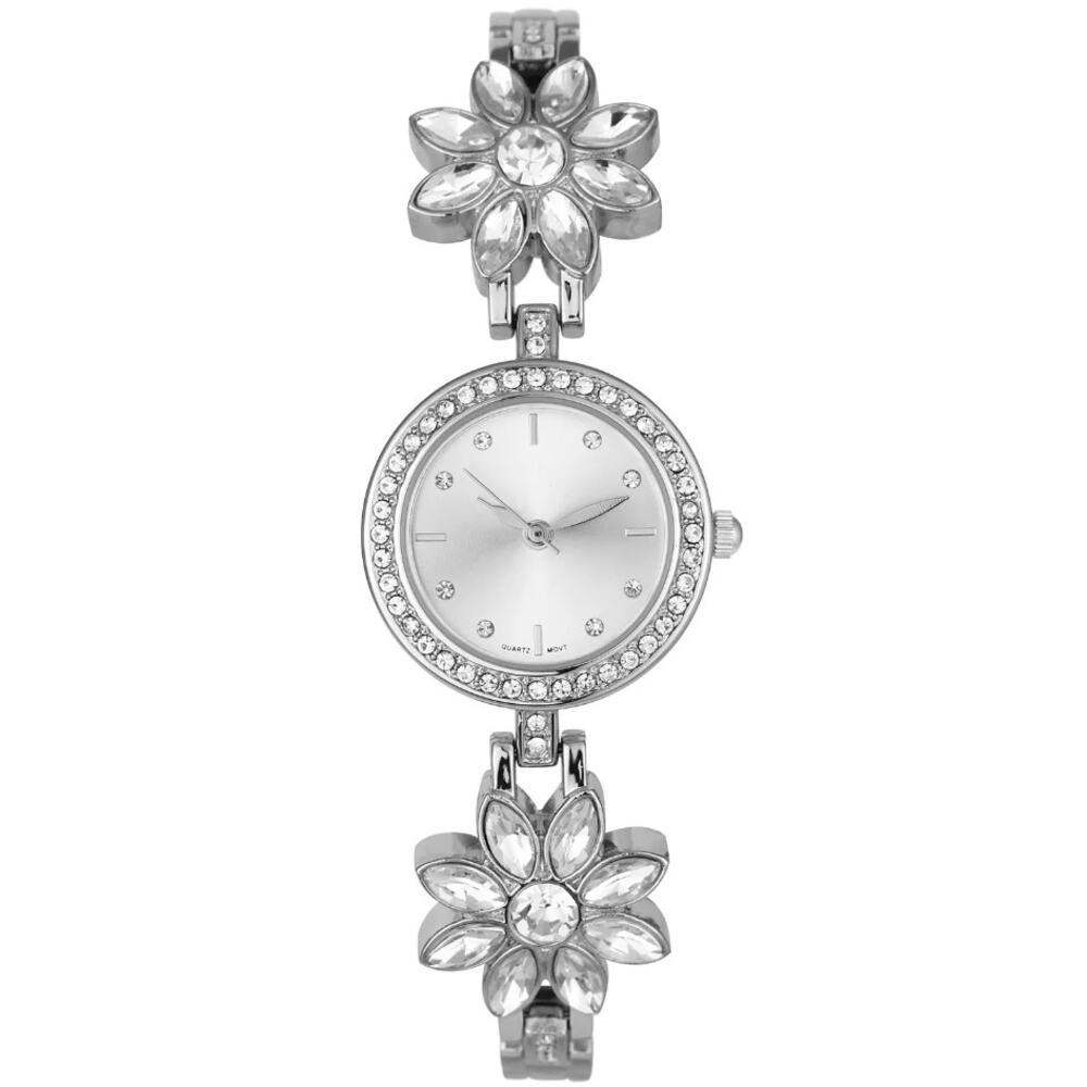 CHARTER CLUB Women's Silver-Tone Mixed Metal Crystal Flower Bracelet Watch, 25mm